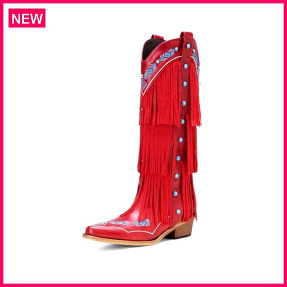 Women's Knee High Cowboy Boots with Triple Layer Fringe and Gemstone Accents - Picture 2 of 8